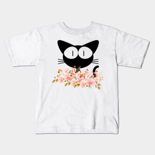 Black Cat In The Flowers Kids T-Shirt